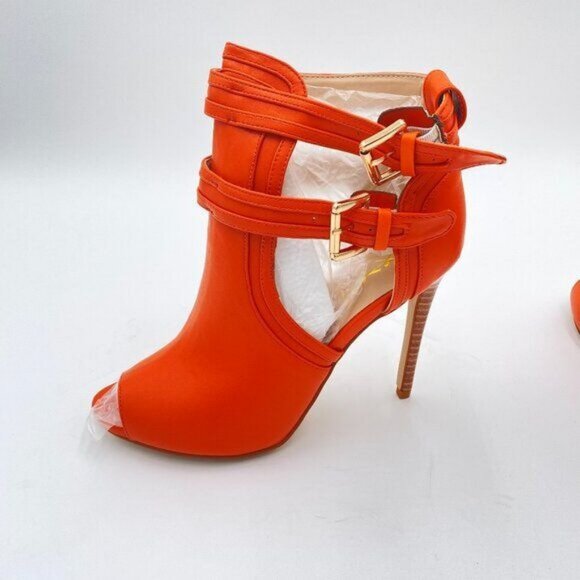 XYD Dark Orange Peep Toe High Heels Buckled Double Straps Cutout Ankle Bootie - Picture 2 of 8